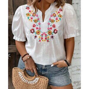 NEW! Plus White Notch Neck Breathable Embroidered Notch Neck Puff Sleeve Top